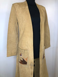 womens  vintage  Urban Village Vintage  Suede Jacket  suede fringing  Suede  retro  open design  MOD  long jacket  lining  leather detailing  Jacket  fringed  fringe  camel  brown  beige  70s  70