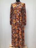 womens  vintage  Urban Village Vintage  orange  neck tie  multi  maxi dress  long sleeve  long dress  high neck  floral print  dress  brown  70s  1970s