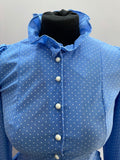1970s Blue and White Polka Dot Two Piece Blouse and Skirt Set - Size UK 8