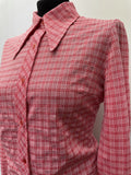womens shirt  womens  vintage  Urban Village Vintage  urban village  summer blouse  St Michael  Shirt  red  long sleeve  dagger collar  crop shirt  collared  collar  checkered  checked  check shirt  check  button front  button  blouse  big collar  70s  1970s