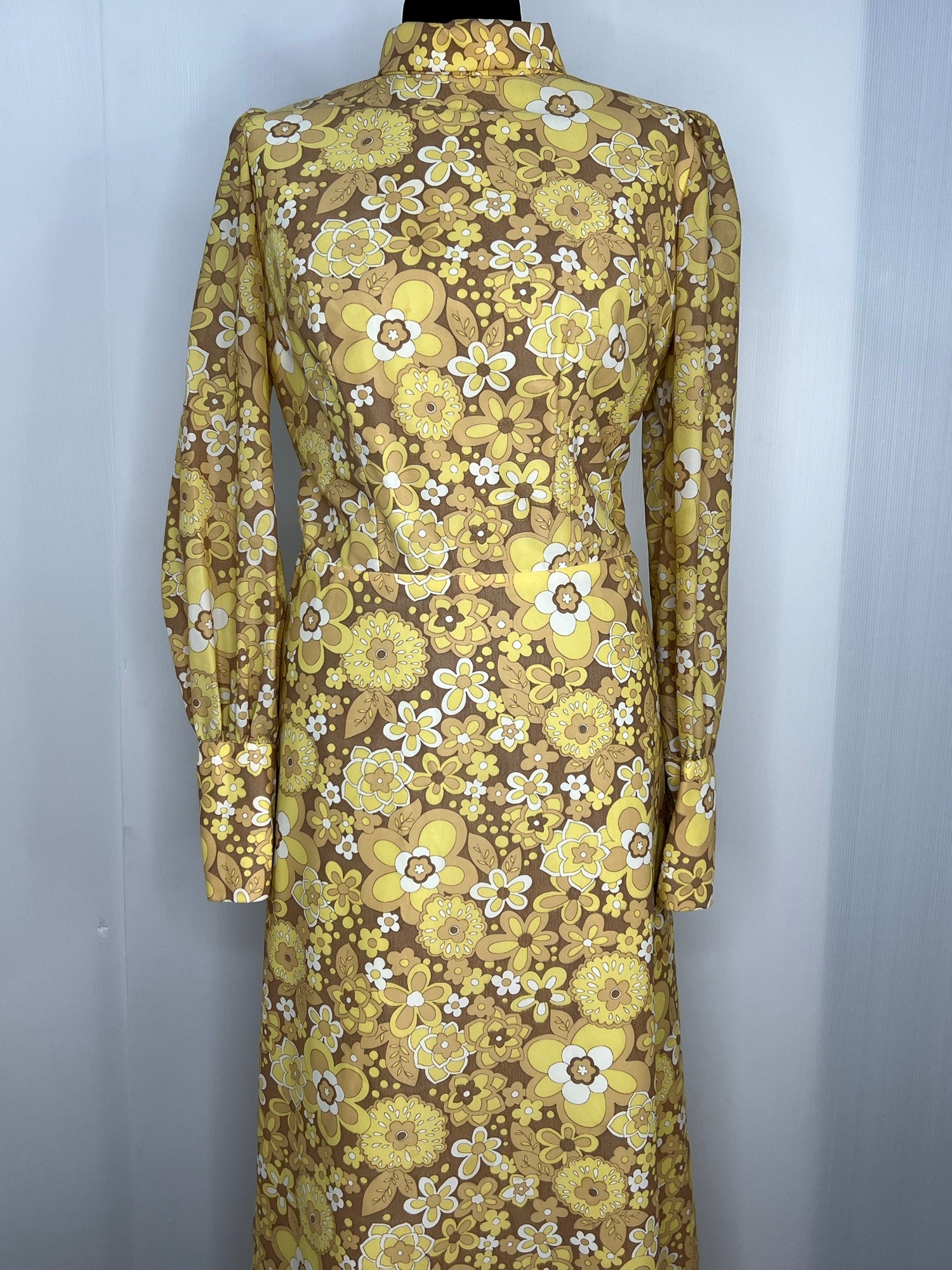 Vintage 1960s Floral Print Balloon Sleeve Maxi Dress in Yellow and Brown - Size UK 14 - 14 Vintage 1960s Floral Print Balloon Sleeve Maxi Dress in Yellow and Brown - Size UK 14 - 14
