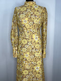 Vintage 1960s Floral Print Balloon Sleeve Maxi Dress in Yellow and Brown - Size UK 14