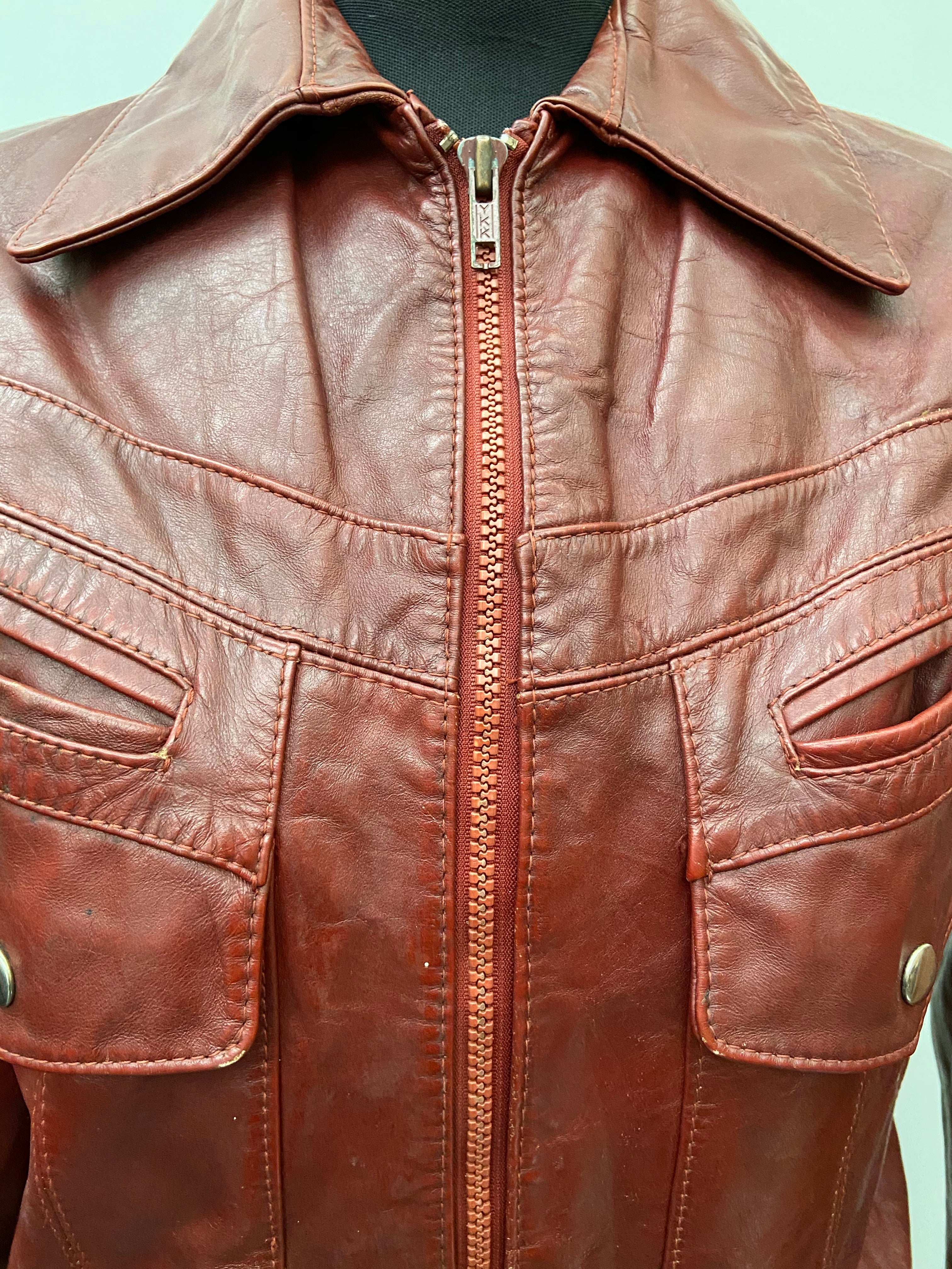 Vintage 1970s Leather Bomber Jacket with Fur Lining by Bermans in Burgundy - Size UK 10