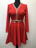 womens  waist belt  vintage  v neck  Urban Village Vintage  Red  midi dress  midi  long sleeve  Embroidered  dress  detailing  8  70s  1970s 