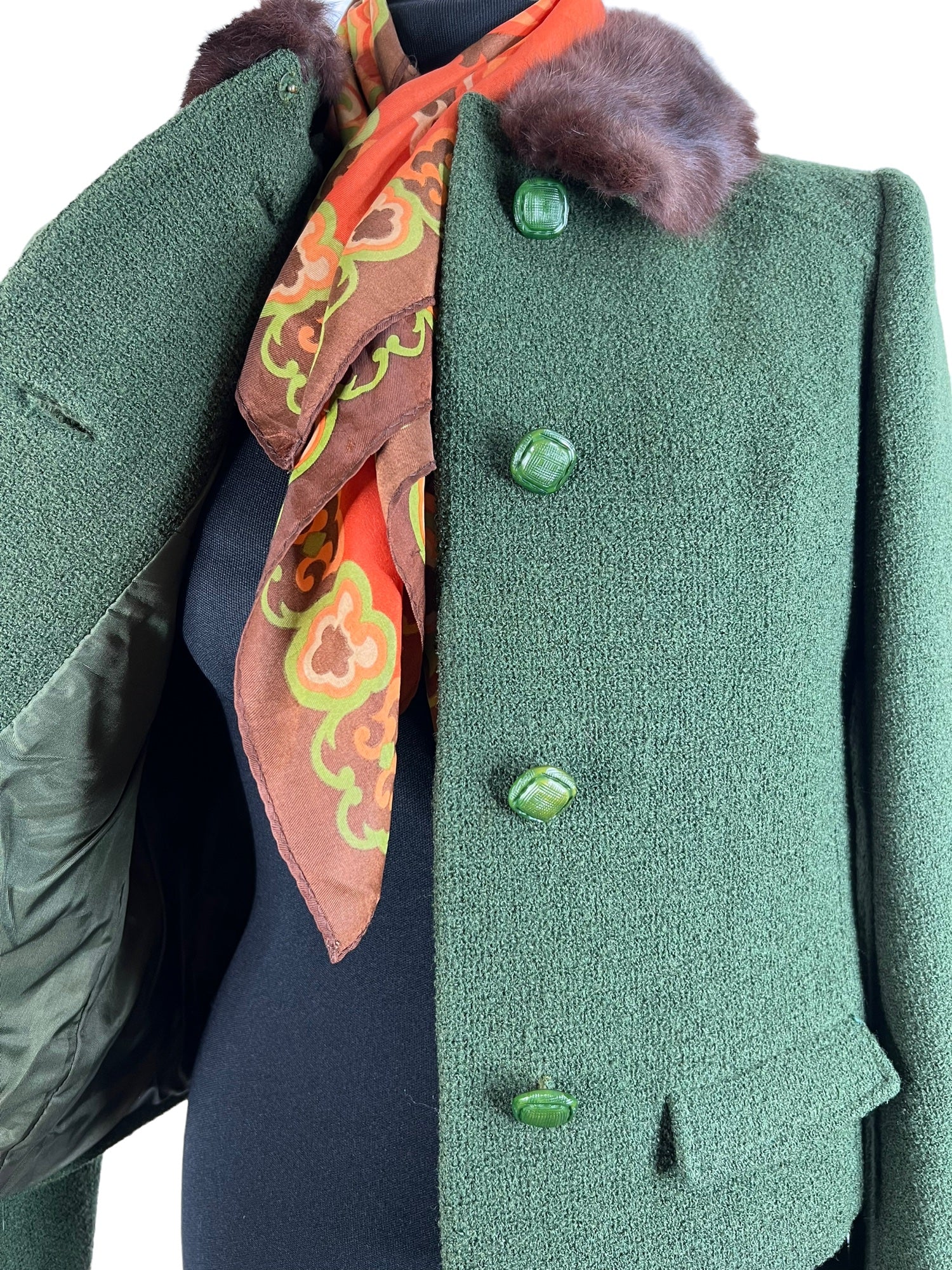 zero waste womens Winter Coat winter vintage Urban Village Vintage urban village UK thrifted thrift sustainable style store slow fashion short length short shop second hand save the planet reuse recycled recycle recycable preloved online ocassion modette MOD ladies Jacket Green festive fashion fabric button ethical Eco friendly Eco cropped cream coney fur collar Coney Fur coney concious fashion collar coat clothing clothes christmassy 60s 1960s 12