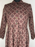 womens  vintage  retro  midi dress  midi  long sleeve  high neck  dress  diamond print  dark brown  button up  button  brown  70s  1970s  10