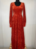 1970s Burnt Orange Crushed Velvet Long Sleeve Maxi Dress - UK 8