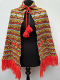 womens  vintage  tasselled  tassel  Small  rope tie  retro  poncho  orange  MOD  long cape  fringing  fringed  fringe  embroidered pattern  Embroidered  collar  Cape Coat  cape  aztec  70s  60s  1970s  1960s