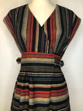 wrap dress  womens  Wallis  vintage  tie belt  stripe detail  red  multi  button front  buckle waist  black  8  70s  1970s