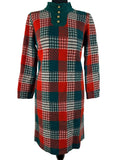 Vintage 1960s Check Wool Long Sleeve Dress in Red and Green by Gay Gibson - Size UK 12