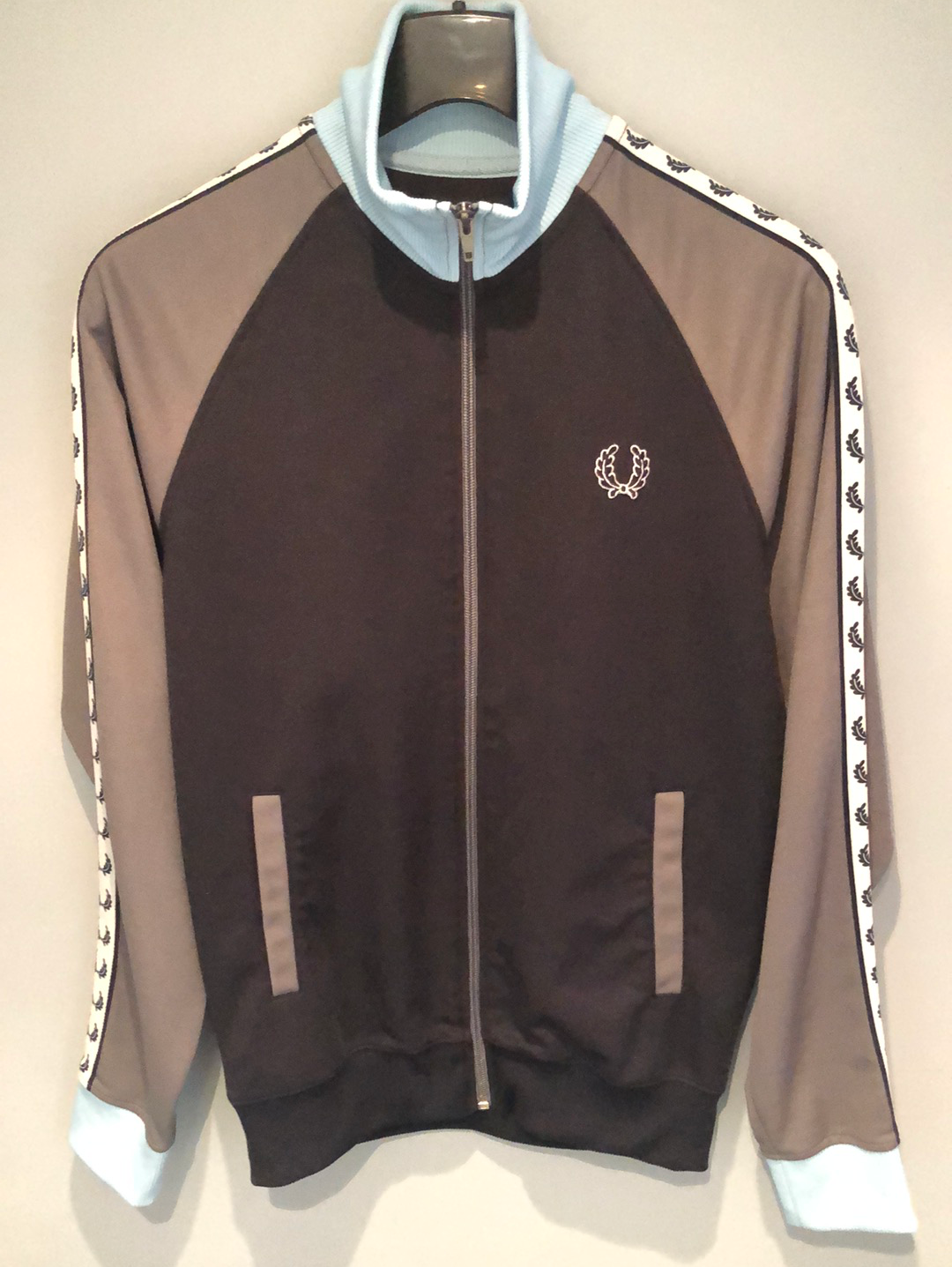 Fred Perry Sportswear Tracksuit Top Grey, Navy and Blue with Logo Strip on Arms - Size S - MOD Clothing Sportswear - Urban Vintage Clothing