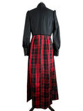 womens  vintage  velvet trim  tartan  sleeveless  retro  maxi dress  maxi  high neck  dress  decorative buttons  check  button cuffs  button cuff  black velvet trim  black  balloon sleeves  balloon sleeve  60s  1960s  12