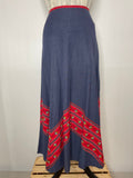 1970s Boho Blue and Red Chevron Print Chambray Maxi Skirt - UK 10