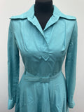 zip  womens  waist belt  vintage  Urban Village Vintage  urban village  Turquoise  shirt dress  Shirt  midi dress  midi  long sleeves  long sleeve  high neck  dress  dagger collar  collar dress  collar  big collar  belted dress  back zip  70s style  70s  70  1970s