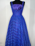 Vintage 1960s Lace Evening Maxi Dress Gown in Blue and Purple by Blanes - Size UK 10