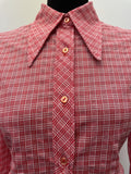 womens shirt  womens  vintage  Urban Village Vintage  urban village  summer blouse  St Michael  Shirt  red  long sleeve  dagger collar  crop shirt  collared  collar  checkered  checked  check shirt  check  button front  button  blouse  big collar  70s  1970s