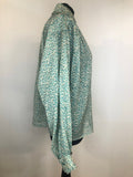 womens  vintage  top  print blouse  loose fit blouse  green  frill cuffs  frill collar  ditsy  Diana Mackinnon  Dawn Breakers  blouse  70s  1970s  16