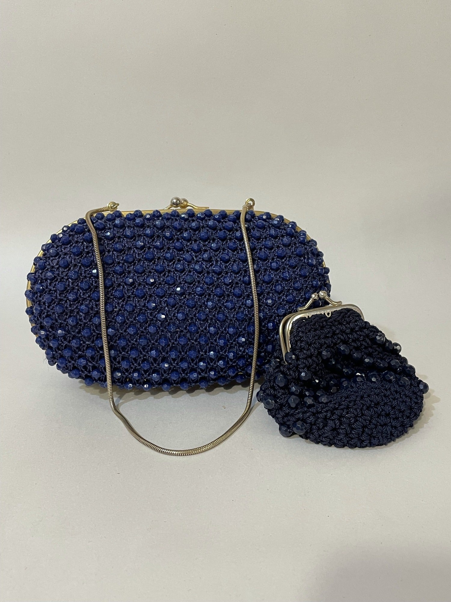 1960s Vintage Blue Beaded Evening Clutch Handbag with Purse