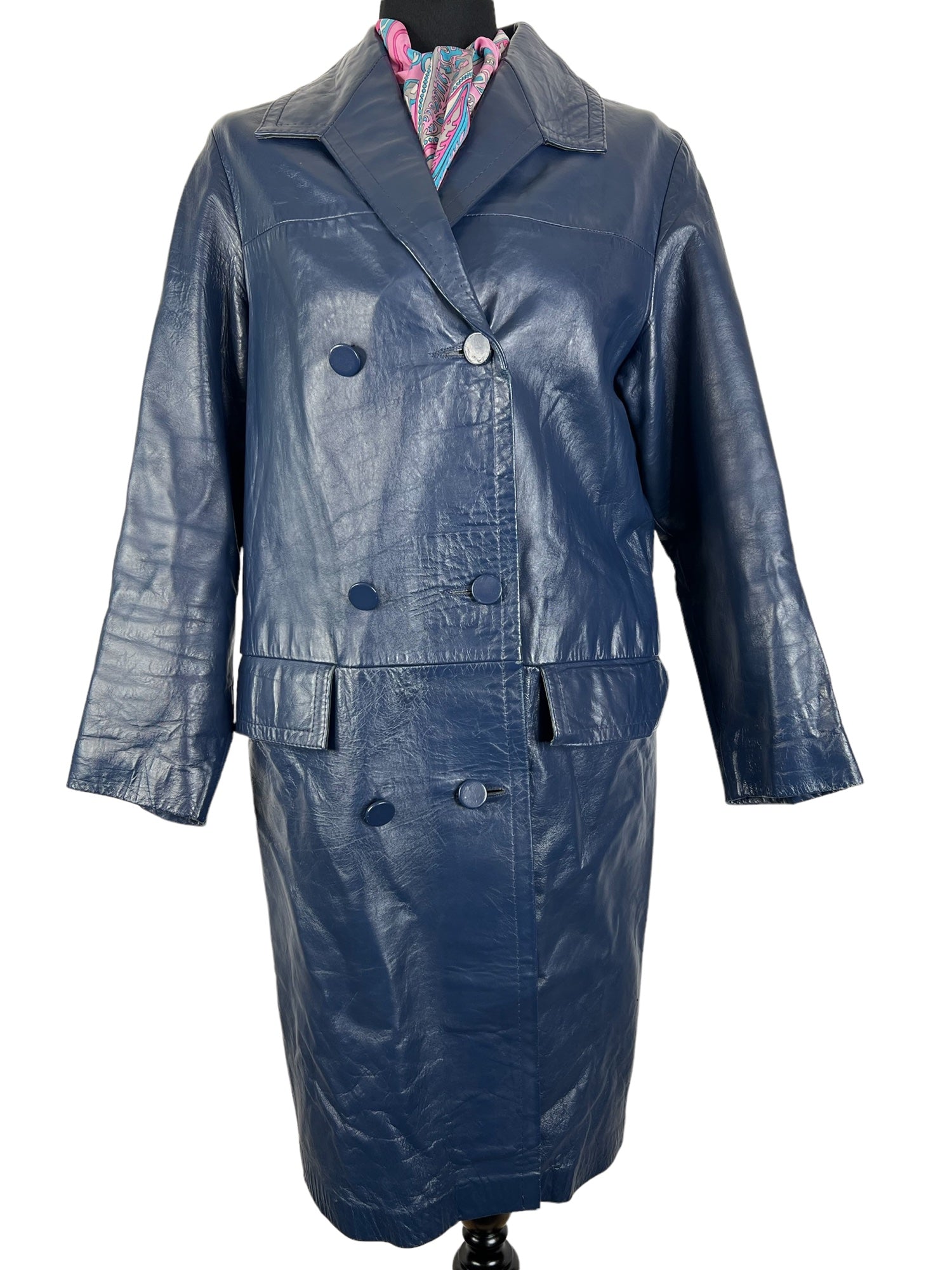 Vintage 1960s Leather Double Breasted Mod Coat in Blue Size UK
