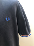 vintage  Urban Village Vintage  urban village  Top  Stripes  sportswear  sports polo  short sleeved  short sleeve  retro  polo top  Navy  MOD  mens  L  embroidered logo  Embroidered  collar  button  Blue