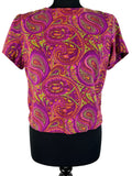Vintage 1960s Paisley Print Short Sleeved Button Back Top in Purple by Jami Originals - Size UK 14
