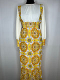 Vintage 1960s 1970s Floral Print Psychedelic Balloon Sleeve Maxi Dress in Yellow - Size UK 10