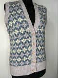 womens  waistcoat  vintage  Vest  tunic top  tunic  top  Tank Top  pure wool  pure new wool  Pitlochry knitwear  lilac  knitwear  knitted  Kintwear  diamond patterned  diamond pattern  cream  button front  Blue  70s  1970s  12  100% Wool