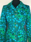 womens jacket  womens coat  womens  vintage  Urban Village Vintage  urban village  retro  psychedelic  psych  long length coat  green  coat  circle print  button front  blue  60s  1960s  10