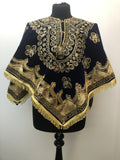 Vintage Moroccan Style Embroidered Fringed Velvet Poncho - One Size