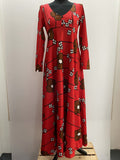 womens  vintage  v neck  Urban Village Vintage  scoop neck  red dress  red  psychedelic  psych  maxi dress  low neck  long sleeve  long dress  floral dress  floral  festive  empire line  empire  dress  daisy print  daisy  christmas  70s  60s  1970s  10