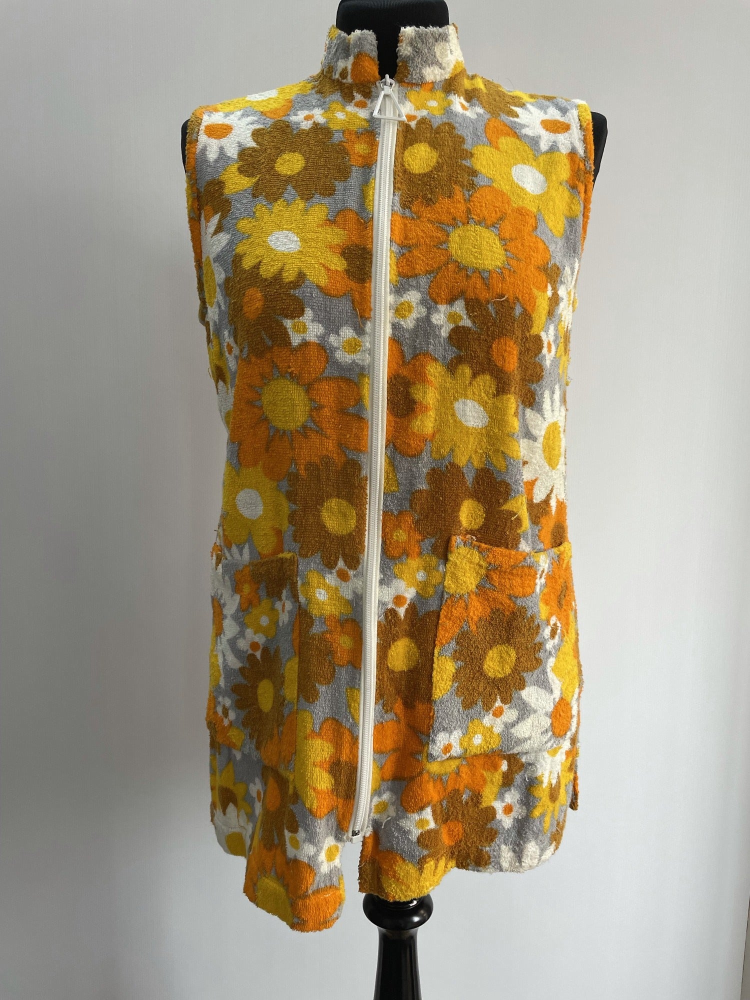 1970s Daisy Print Terry Cloth Towelling Beach Cover Up Sleeveless Tunic Top Size UK 8