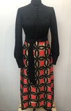 womens  vintage  Red  patterned  maxi dress  lurex  long sleeves  long dress  gold metallic  dress  black  balloon sleeves  8  60s  1960s urban village vintage