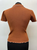 womens top  womens  vintage  Urban Village Vintage  urban village  Three Button  polo top  polo shirt  MOD  light knitwear  light knit  knitwear  knitted  knit  fine knit  collared  collar  button up  brown  blouse  4  3 button  1960s
