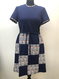 1970s Diamond Patterned Belted Dress in Blue - Size 12