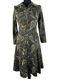 Vintage 1970s Long Sleeved Paisley Print Dress in Brown and Blue - Size UK 10