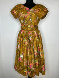 Vintage 1950s Floral Print Cape Collar Pleated Dress in Brown - Size UK 10