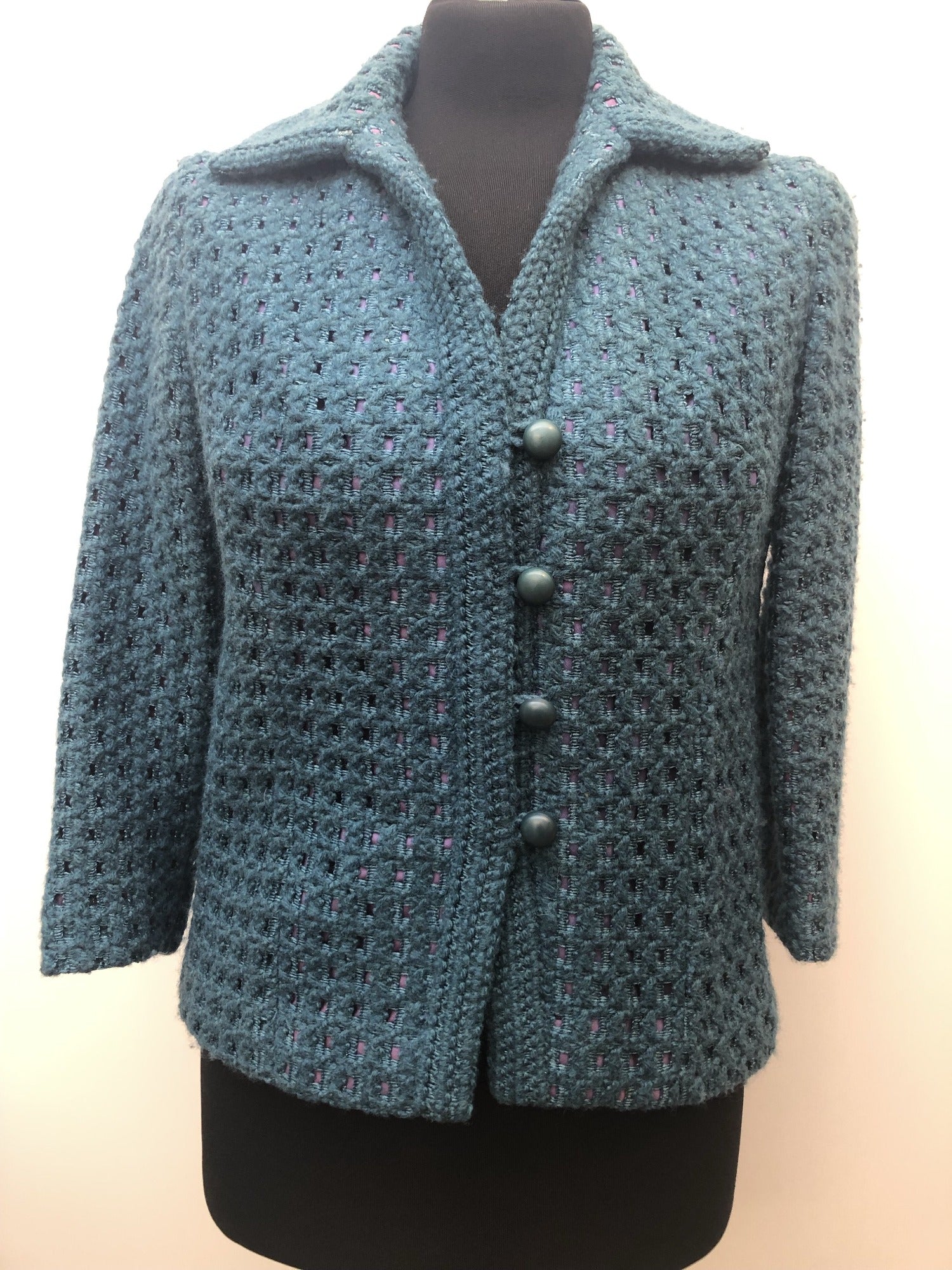 womens  vintage  Urban Village Vintage  urban village  patterned  pattern  Long sleeved top  long sleeve  lined  knitwear  knitted  knit  Jacket  Hardy Amies Boutique  collar  button down  blue  60s  1960s  10