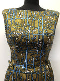 womens  vintage  Rembrandt  printed  midi dress  Limited Edition  khaki  Green  dress  blue print  Blue  50's  1950s  10