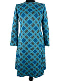 Vintage 1970s Long Sleeved Diamond Print Dress in Blue and Black - Size UK 12