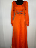 1970s Bright Orange Satin Jewelled Evening Maxi Dress - UK 10