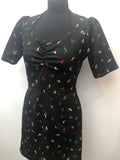 1970s Sweetheart Neck Short Sleeved Print Mini Dress - Black - Size 10