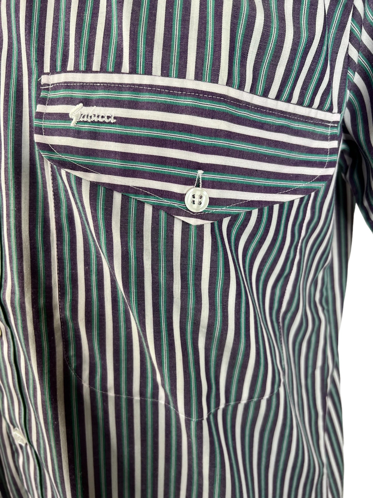 vintage  Urban Village Vintage  turquoise stripe  top  stripey  Stripes  striped  stripe pattern  stripe detailing  stripe  short sleeved shirt  short sleeved  short sleeve  Shirt  purple  multi  mens  M-L  M  L  Gabicci  embroidered logo  Embroidered  70s  1970s