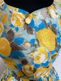 8  yellow  womens  vintage  swing dress  spring  rose print  rockabilly  fitted waist  dress  day dress  cotton dress  brilkie  blue  50s  1950s