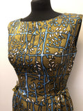 womens  vintage  Rembrandt  printed  midi dress  Limited Edition  khaki  Green  dress  blue print  Blue  50's  1950s  10
