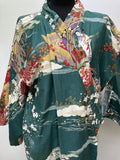 womens  vintage  Urban Village Vintage  urban village  sleeve  short sleeved  short sleeve  robe  retro  printed  print  oreiental  One Size  kimono  japanese  house jacket  Green  Cotton  100% cottton