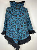 Vintage 1960s Hooded Tapestry Poncho with Fringing in Blue and Black - Size S