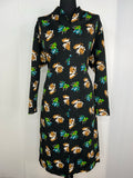 Vintage 1970s V-Neck Floral Print Dress in Black - Size UK 14