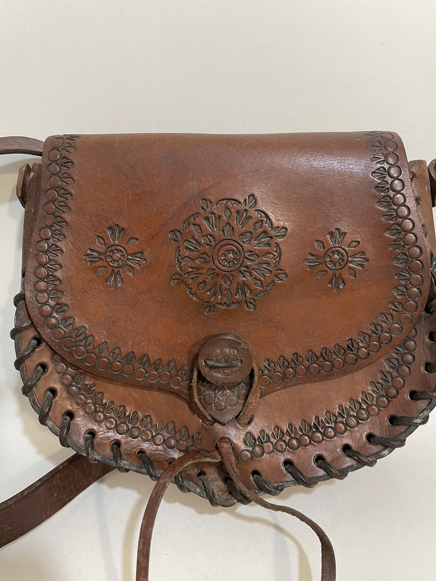 1970s Tooled Dark Brown Leather Satchel Shoulder Bag