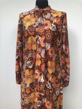 womens  vintage  Urban Village Vintage  orange  neck tie  multi  maxi dress  long sleeve  long dress  high neck  floral print  dress  brown  70s  1970s