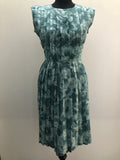 1950s Pleated Print Dress in Blue - Size UK 14
